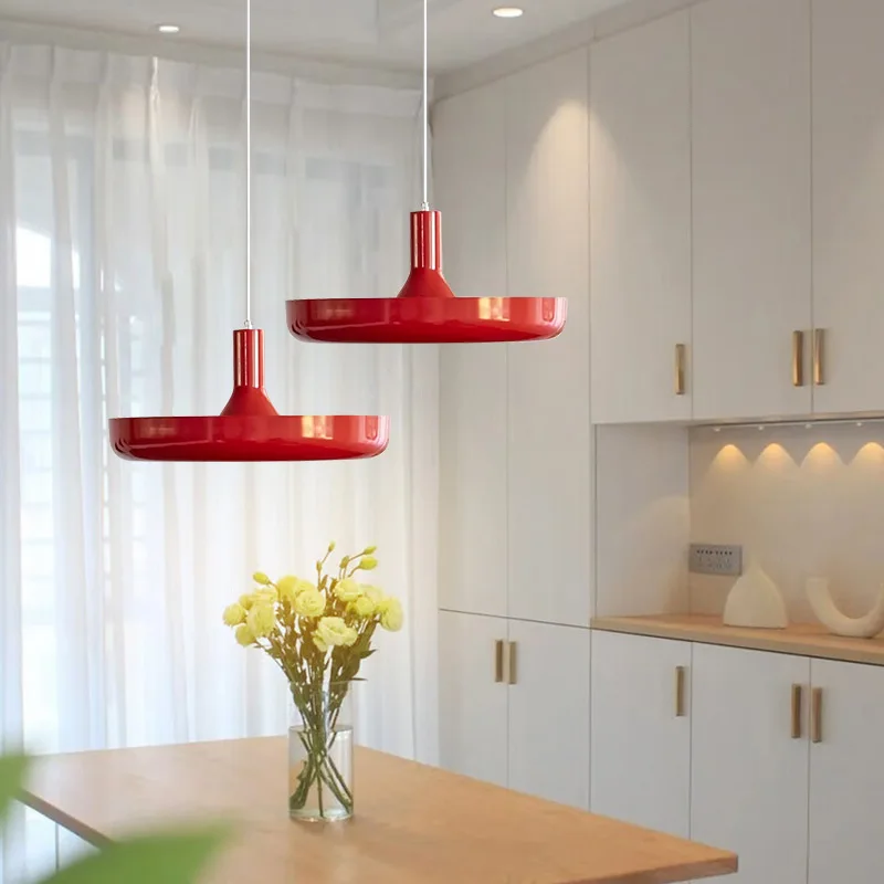 New Danish red dining buffet music dining bar decoration chandelier creative and simple white metal