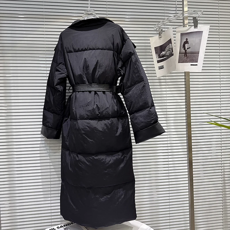 Winter High Quality Warm Thick Knee Length Down Jacket Female Big Lapel Long Down Jacket Women White Duck Down Lace Up Outwears