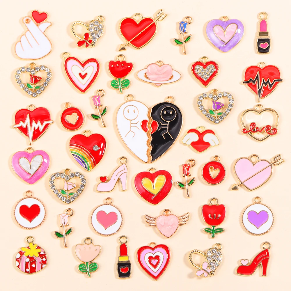 Mix 40 szt. Charms emalia miłość serce kwiaty róży wisiorki kobiety słodkie romantyczne walentynki biżuteria zestaw akcesoriów sprzedaż hurtowa