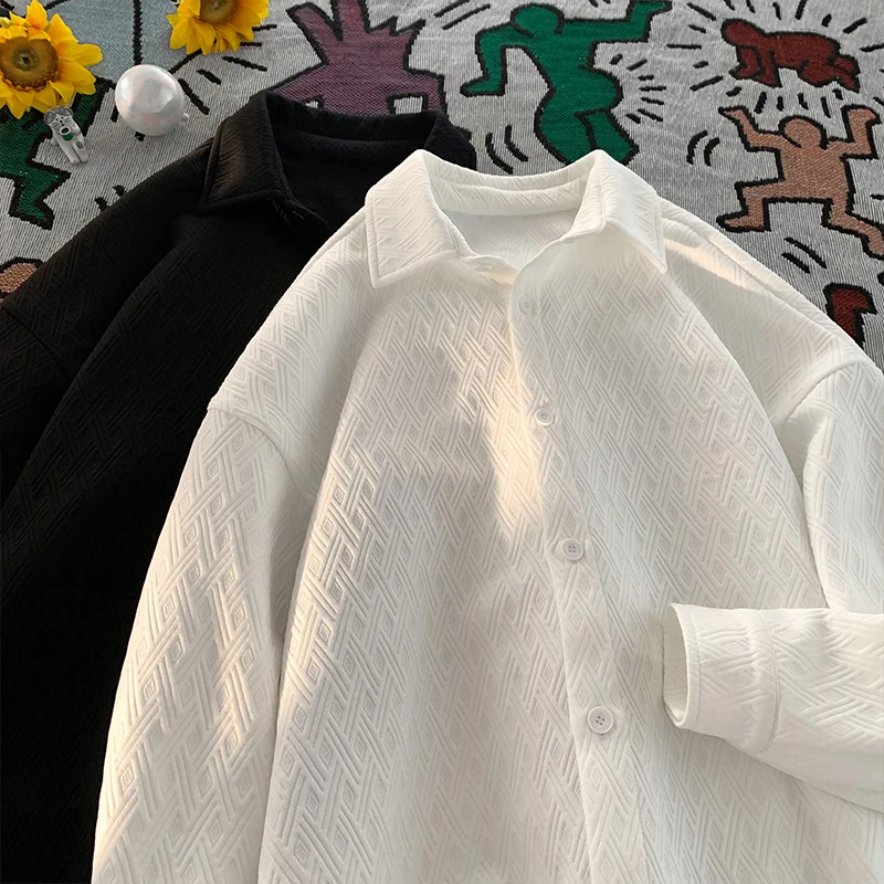 

White Casual Long Sve Cuban Collar Men's irt Faionable Spring Autumn Outerwear Loose Fit Youthful Sle Iron-Free