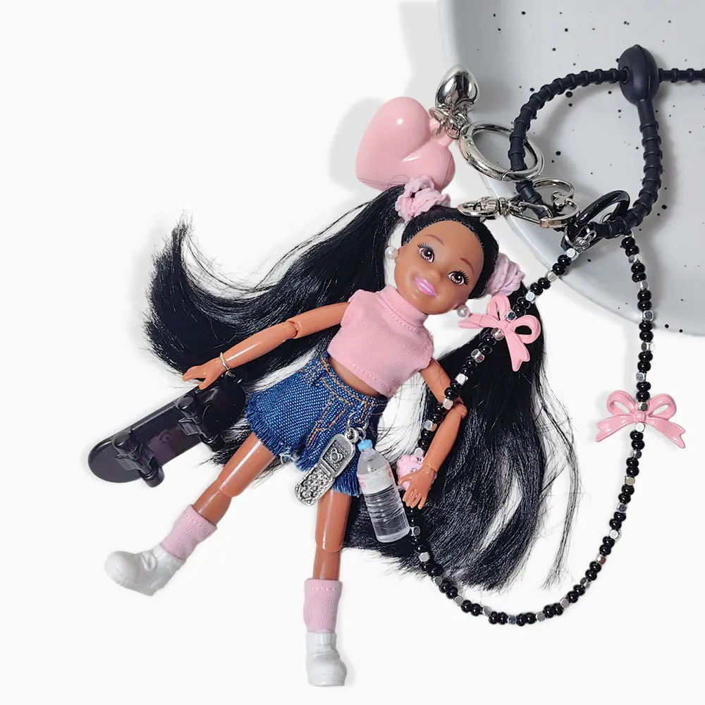 Fashion Skateboard Girl Doll Keychain With Bow Chain Trendy Bag Pendant Cute Luxury Bag Accessories Gift