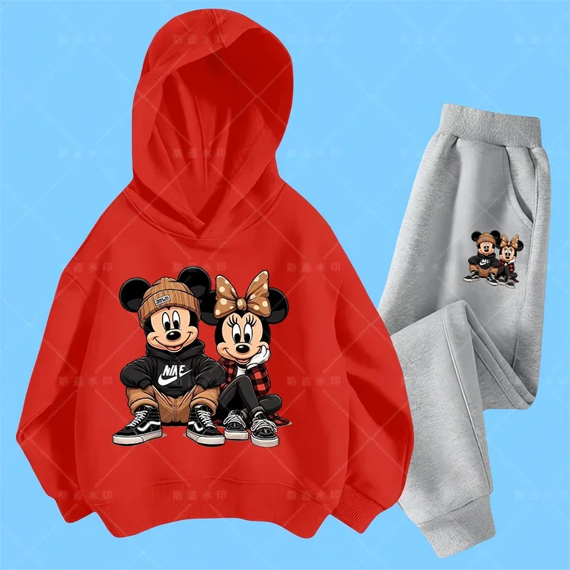 Anime Mickey Cartoon Printing Long Sleeve Pullovers Hoodie Pants Set Children Sportswear Boys And Girls Autumn Spring Streetwear