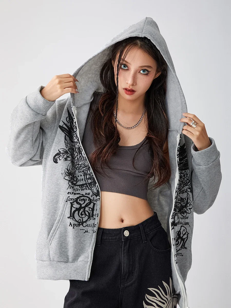 

Women Oversized Full Zip Hoodies Fashion Wings Print Long Sleeve Oversized Sweatshirts Jackets with Pockets Halloween Streetwear