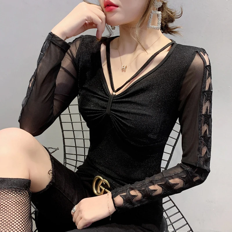 #7927 Red Black Sexy Spliced Mesh See Through T Shirt Women Slim V Neck Hollow Out Elastic Long Sleeved Womens Tee Shirts Tight