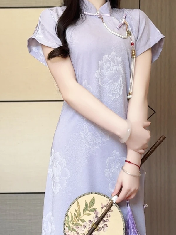 Nuevo Vestido de Verano 2025 para Niñas, Estilo Chino Tradicional, Color Morado, con Estampado de Pastel de Arroz Glutinoso Matcha, Manga Corta, para Uso Diario, Retro