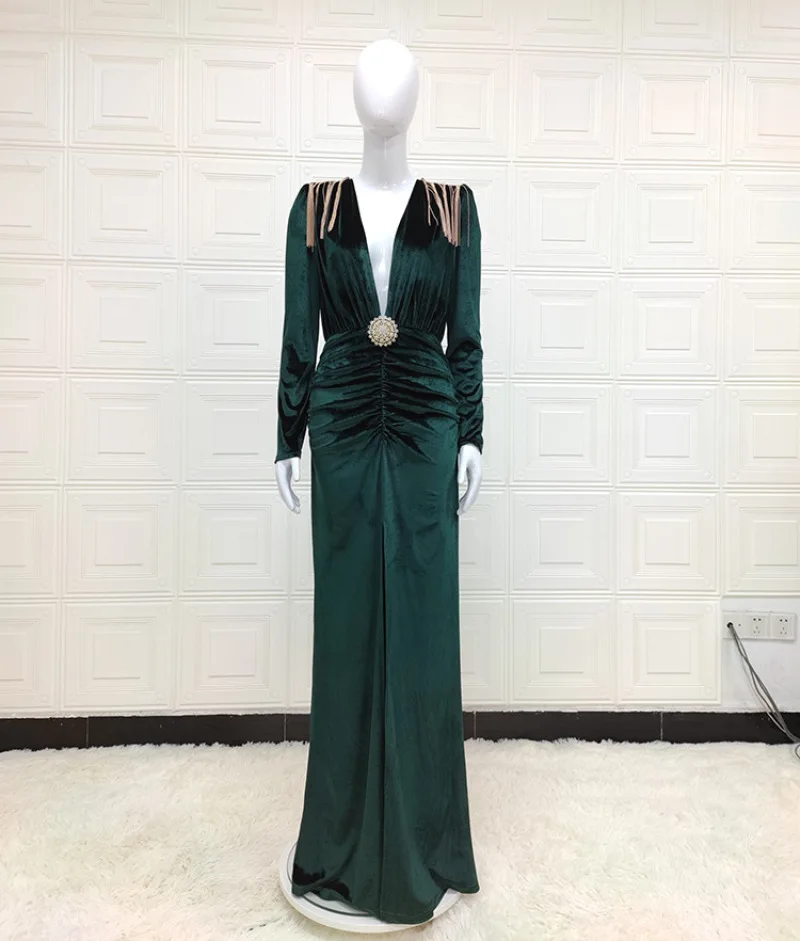 

Evening Dresses Prom Gown Sexy V-neck Party Dress Fashion Luxury Long Sleeve Outfits Women's Elegant Gowns Pleated Slit Clothes