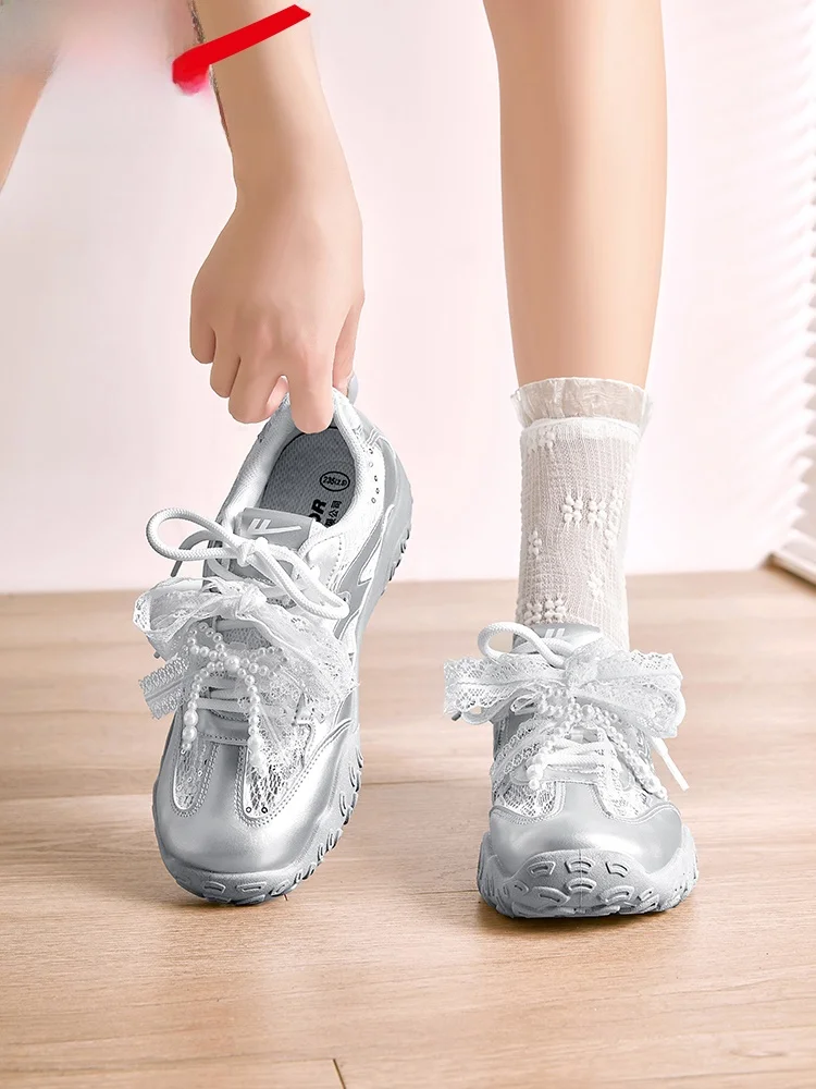 women's-ballet-dequn-shoes-comfortable-breathable-mesh-silver-pearl-lace-sporty-casual-shoes-cross-strap-fabric