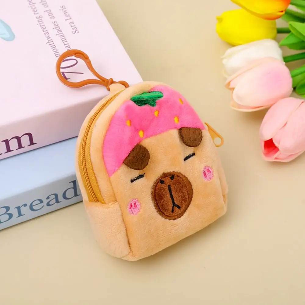 Capybara-monedero de felpa de Animal de dibujos animados para niño, Mini monedero de piña, sandía, bolsa de cambio de galleta, fresa rosa