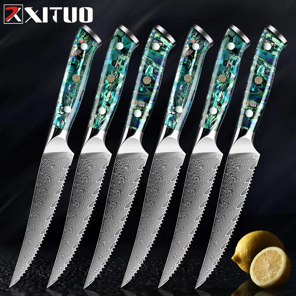 

Higher Quality Damascus Steel Serrated Steak Knife 1-6PCS Steak Knife Sharp Blade Kitchen Bread Fruit Knife Abalone Shell Handle