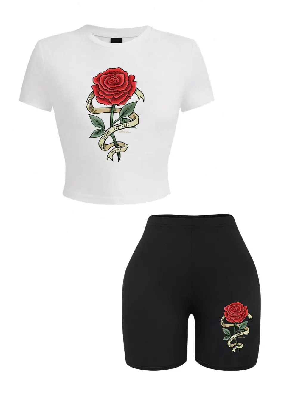 Trend Woman Crop T-Shirts & Shorts Two Pieces Set Red Roses Wrapped In Ribbons Prints Tops Slim O-Neck High Elastic Soft Clothes