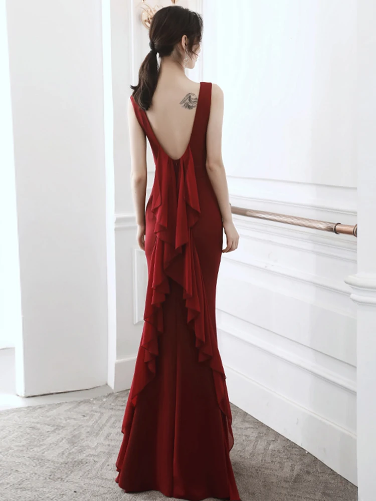

Classical Round Neck Solid Evening Dress Elegant Backless Sleeveless Prom Gown For Women Slim Floor Length Mermaid Dresses