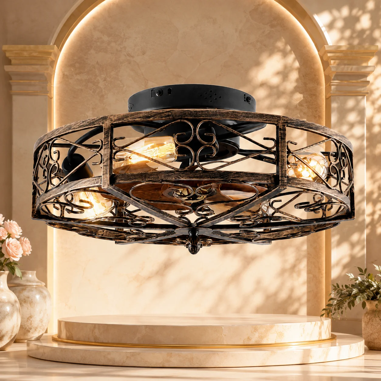 

20" Caged Ceiling Fan with Lights, Remote Control, Reversible DC Motor, 6 Speed Timer, Antique Bronze, Bulbs Not Included