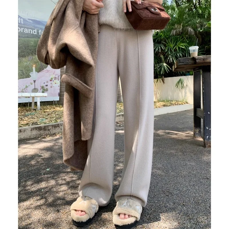 

Lazy Style High Waist Slit Knitted Casual Pants Wide Leg Pants Women's Loose Straight Pants 2023 New Fashion Warm Trousers