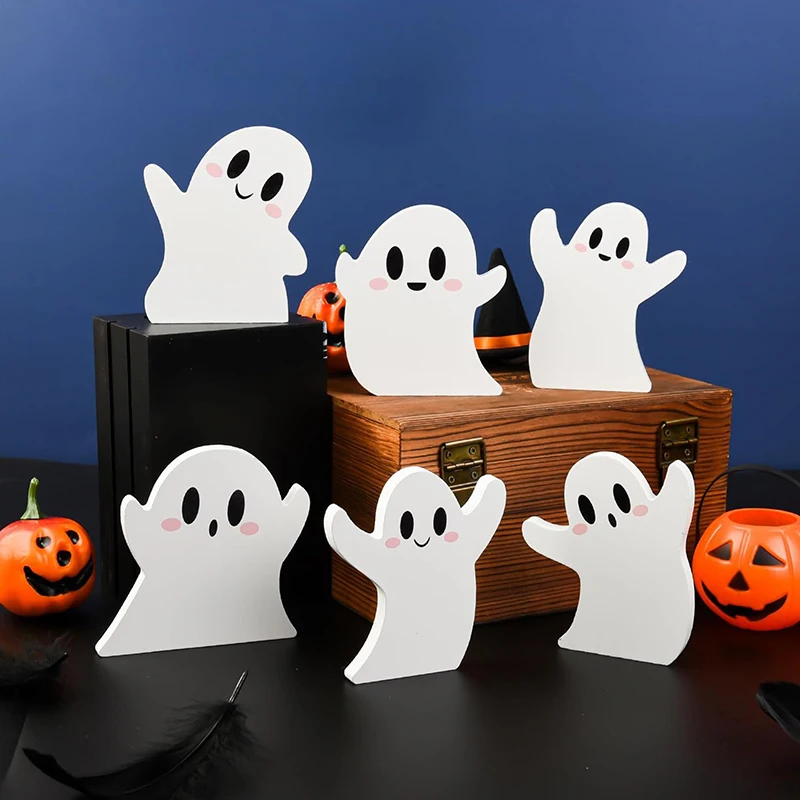 3pcs Cute Ghost Halloween Decoration WoodejStand Tray Decor White Home Shelf Display Desk Office Table Decorate Party Supply