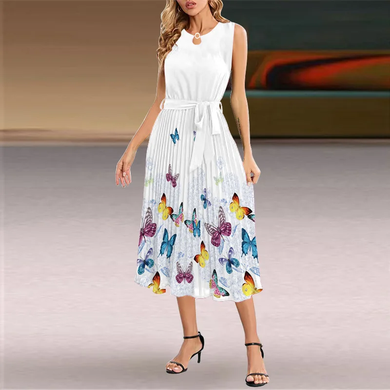 Europe and America Border Foreign Trade Women's Clothing 2023 Summer New Thin Belt Sleeveless Pleated Skirt Dr