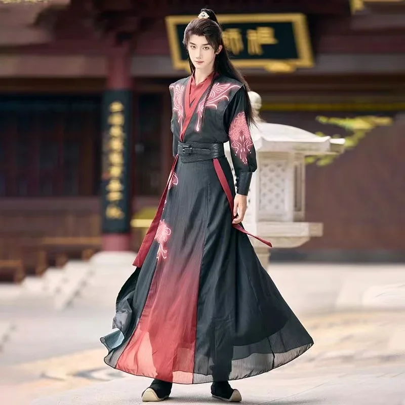 

Мужской классический фехтовальщик Hanfu, китайский костюм династии Тан с флуоресцентным эффектом и принтом, винтажный модный герой, одежда для косплея для мальчиков