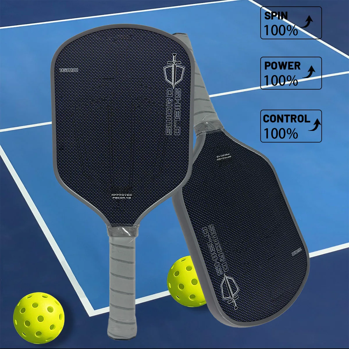 مجداف Sword & Shield J2NFT Pickleball OEM، متعدد الكثافة لجميع الطاقة الإسفنجية، والتدور، ومجداف التحكم