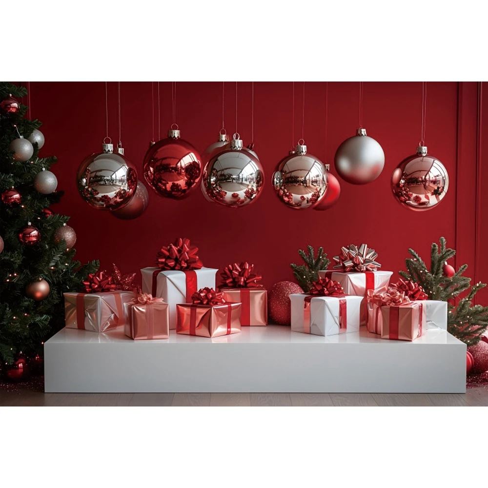 عيد الميلاد كرات ضوء فضية جدار أحمر خلفية هدية شجرة عيد الميلاد حفلة الأطفال الأسرة صورة التصوير خلفية استوديو الدعائم