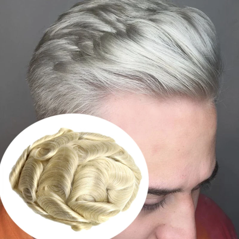 Beste dünne haut voll pu vloop toupet natürlicher haaransatz platin blond 60r grau männer perücke ersatz 100% europäisches menschliches haar