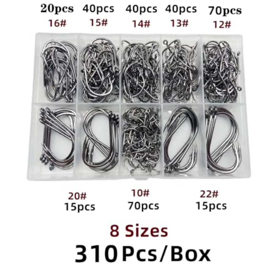 310Pcs/Box 22#...15# 10# Fishing Hook, Forged Steel/Barded Design, 8 Sizes Universal Octopus Fishing Hooks Set Sharp/High Carbo
