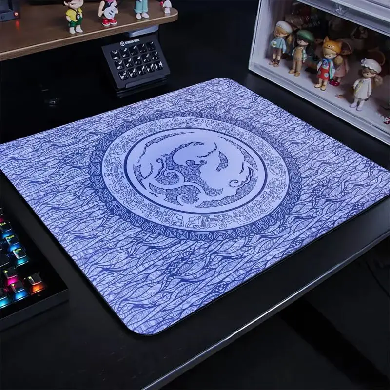 VIKAMA Chinese Guardian Lion Mouse Pad Blue Gold Traditional Pattern Large Desk Mat Non Slip Rubber Gaming Office Laptop Decor