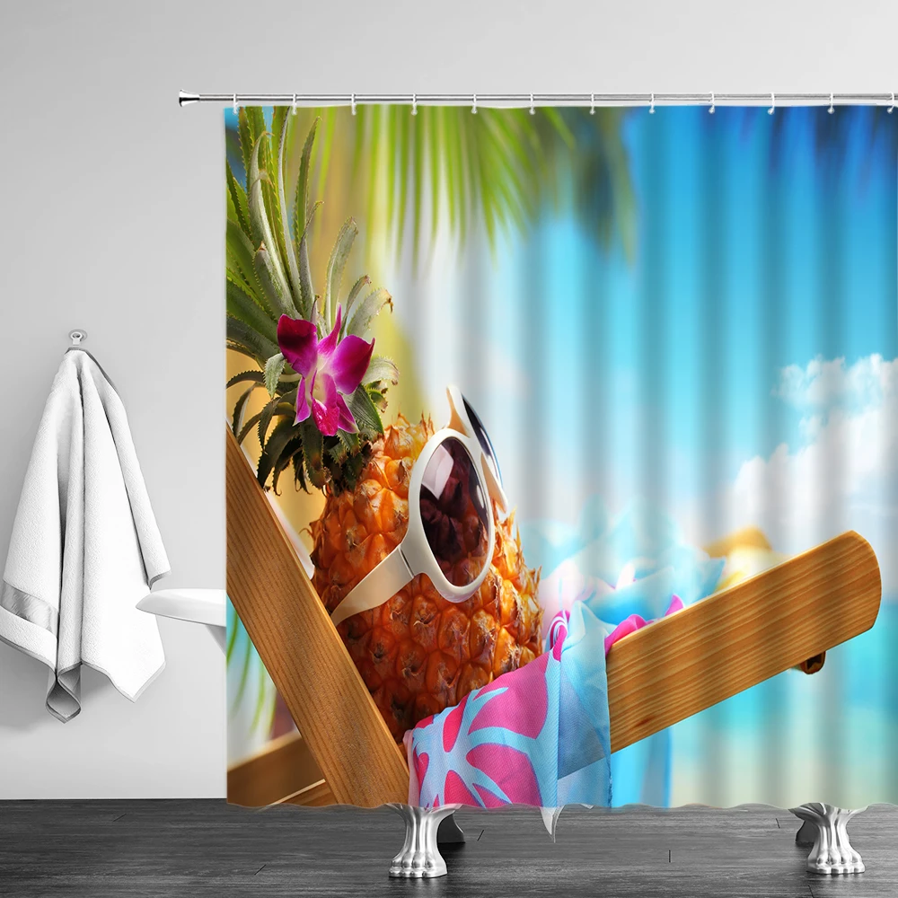 

Shower Curtain Funny Pineapple Beach Sunbathing Creative Personality Banana 3D Print Fruit Bathroom Decor Curtain With Hooks Set