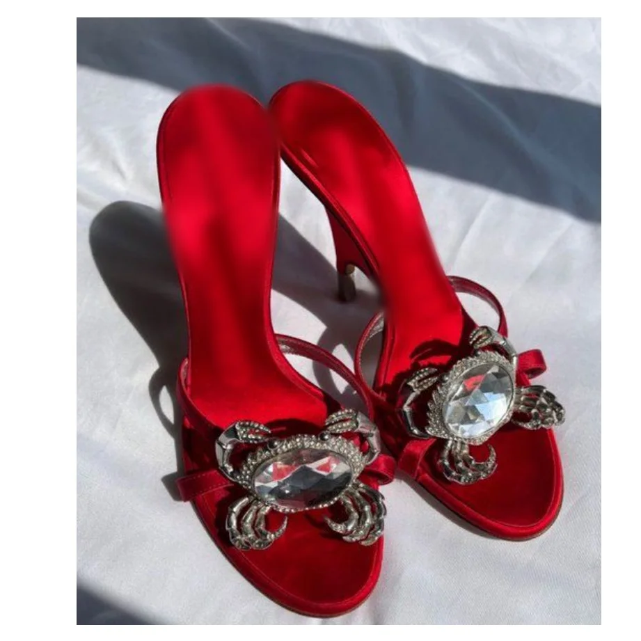 

Red Crystal Slip On Cut Out Sandals Peep Toe Thin High Heel Fashionable Sexy Cool Western Summer Woman Shoes Zapatillas Mujer