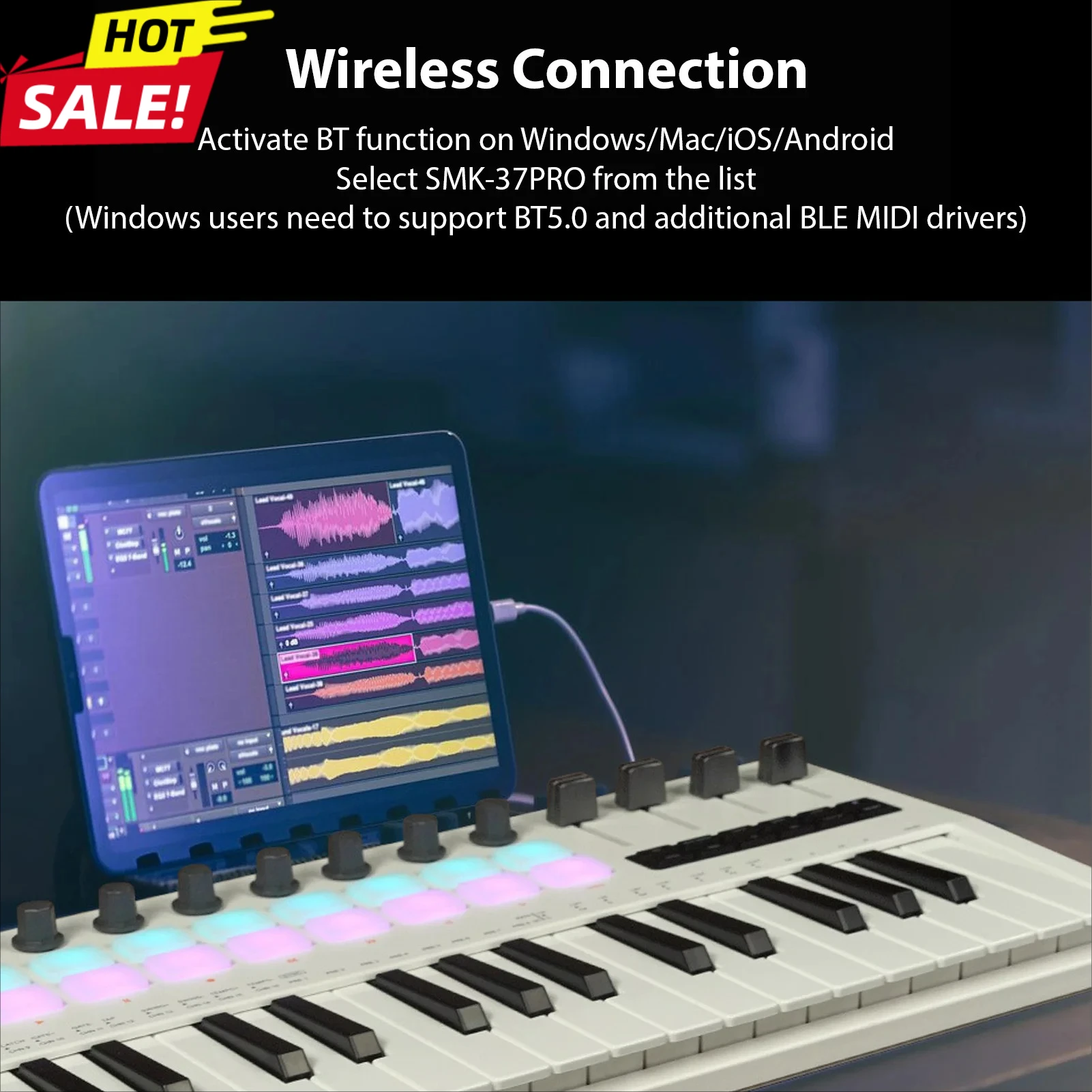 

NEW MIDI Keyboard 37-Key with Velocity Sensitivity 16 RGB Backlit Drum Pads 8 Knobs 4 Faders Synthesizer Engine for Music