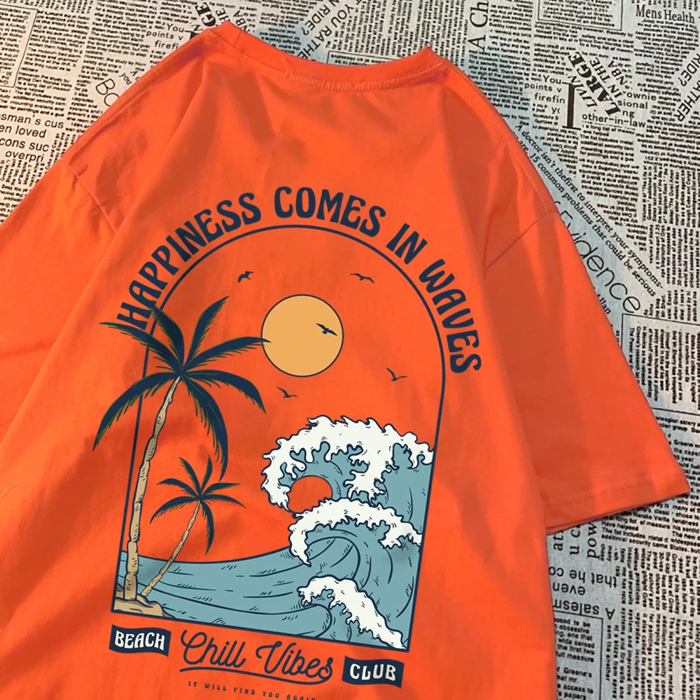 Happiness Comes In Waves Printing Men Women Clothes Fashion Loose Tops Creativity Casual T Shirt Pattern Loose Tshirts Couple image 2