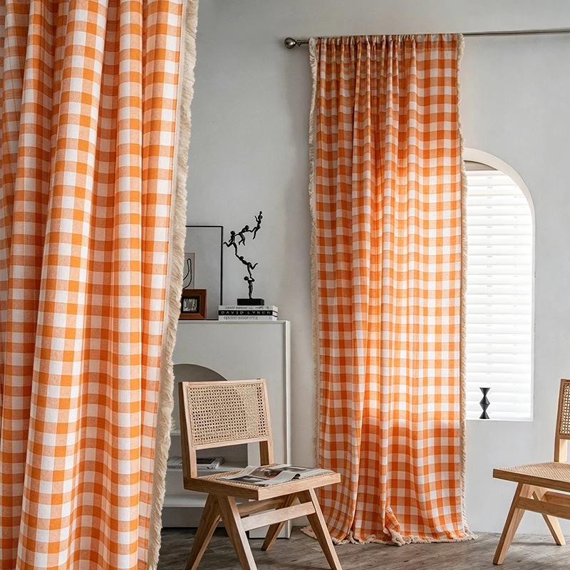 1 Stück orangefarbene und weiße Gitter-Quastenvorhänge im Retro-Stil im amerikanischen Landhausstil, geeignet für Schlafzimmer, Wohnzimmer, Küche, Café