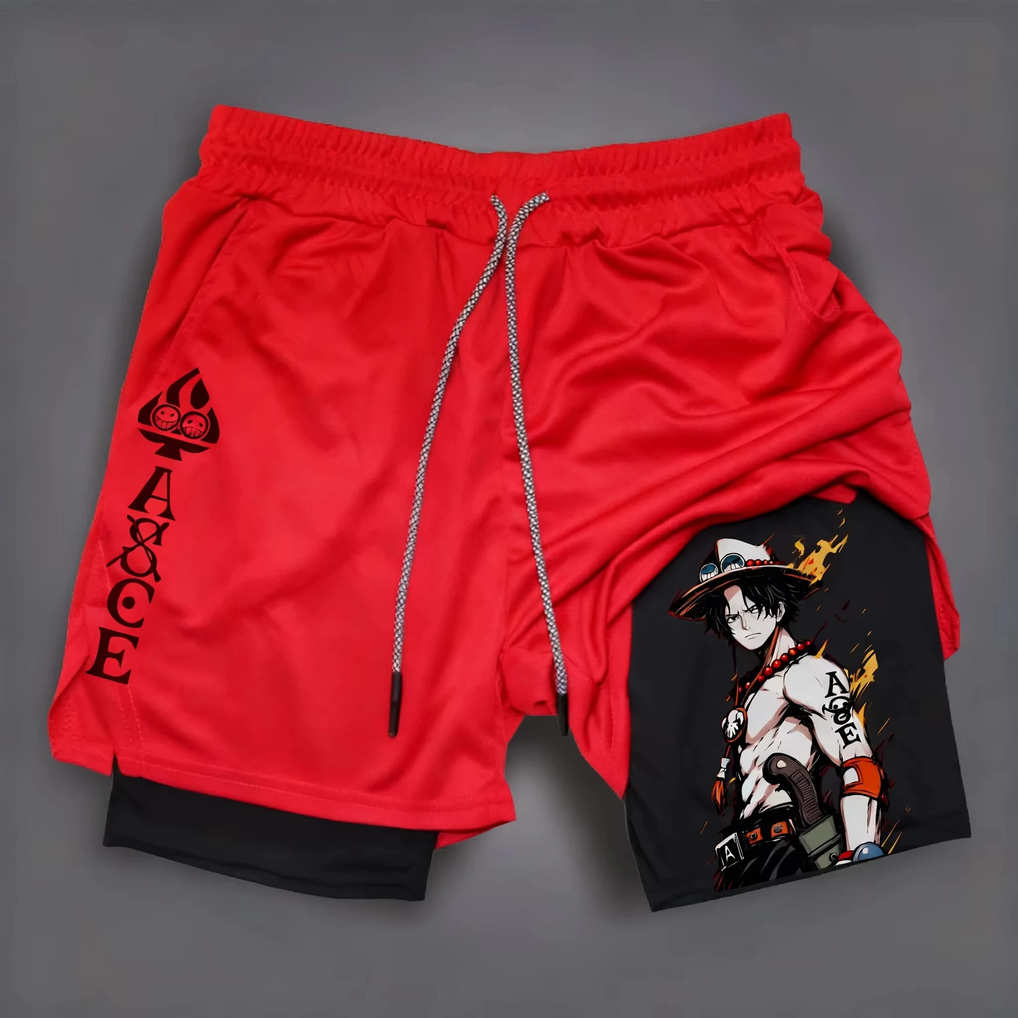 Shorts esportivos em camadas estilo anime One Piece adequados para treinamento e fitness para unissex de secagem rápida e confortável