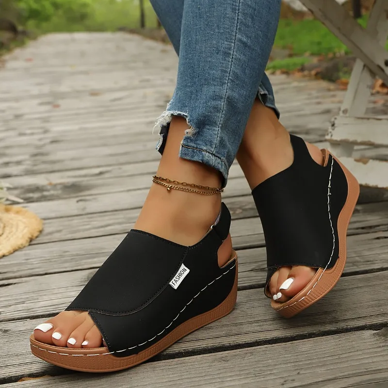

New Women's Wedge Sandals Stylish Open-Toe Shoes Summer Luxury Round Toe Designer Comfort Hook & Loop Women's Roman Sandals36-43