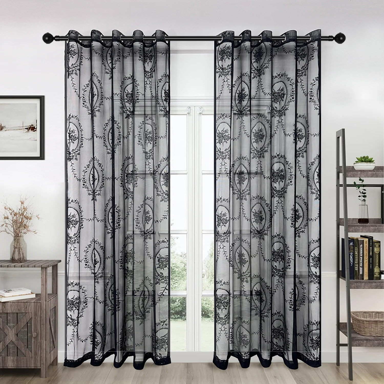 

1PC Modern Black Lace Sheer Curtain for Living Room Mesh Window Drape Kitchen Balcony Sliding Door Home Decoration #E