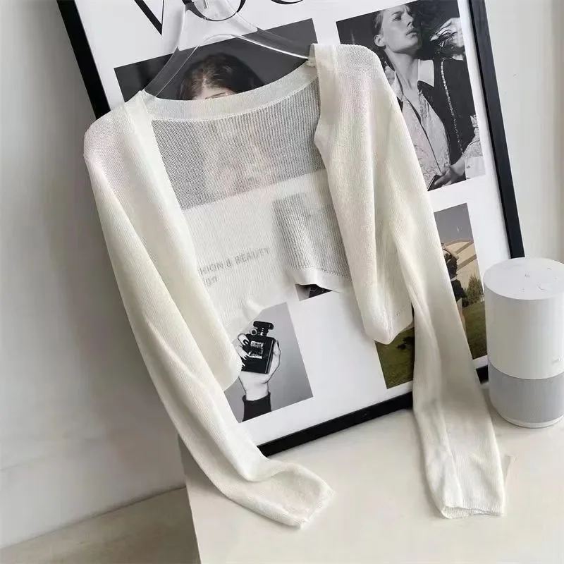 Knitted Short Cardigan Sunscreen Thin Coat Solid Color Women's Long Sleeved Top Simple Casual Basic  Perspective Open Collar