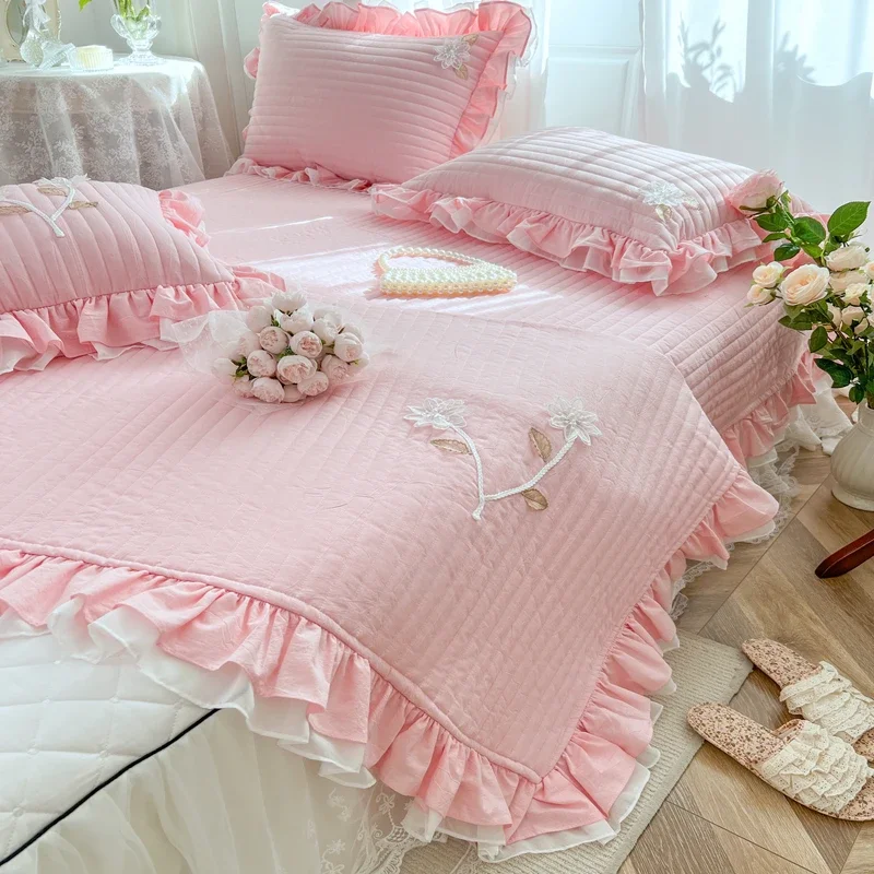 Solid Color High Quality Cotton Thicken Bed Cover Quilted Princess  Bed Skirt Bed Sheet Bedspread Mattress Cover Pillowcases