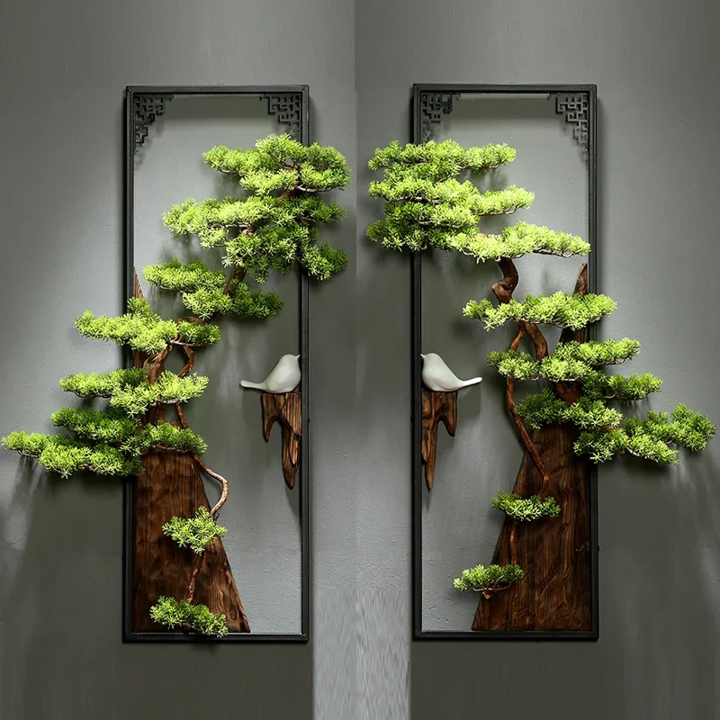 New Chinese style wall hanging office entrance background wall green plant decoration restaurant tea room wrought iron three-dim