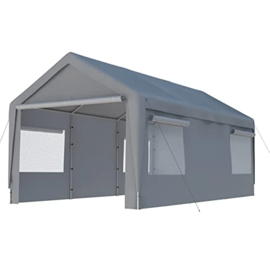 Carport Feet Car Canopy with Transparent Roll-up Windows, Removable Sidewalls and Doors, Portable Garage for Car, Truck, Boat,