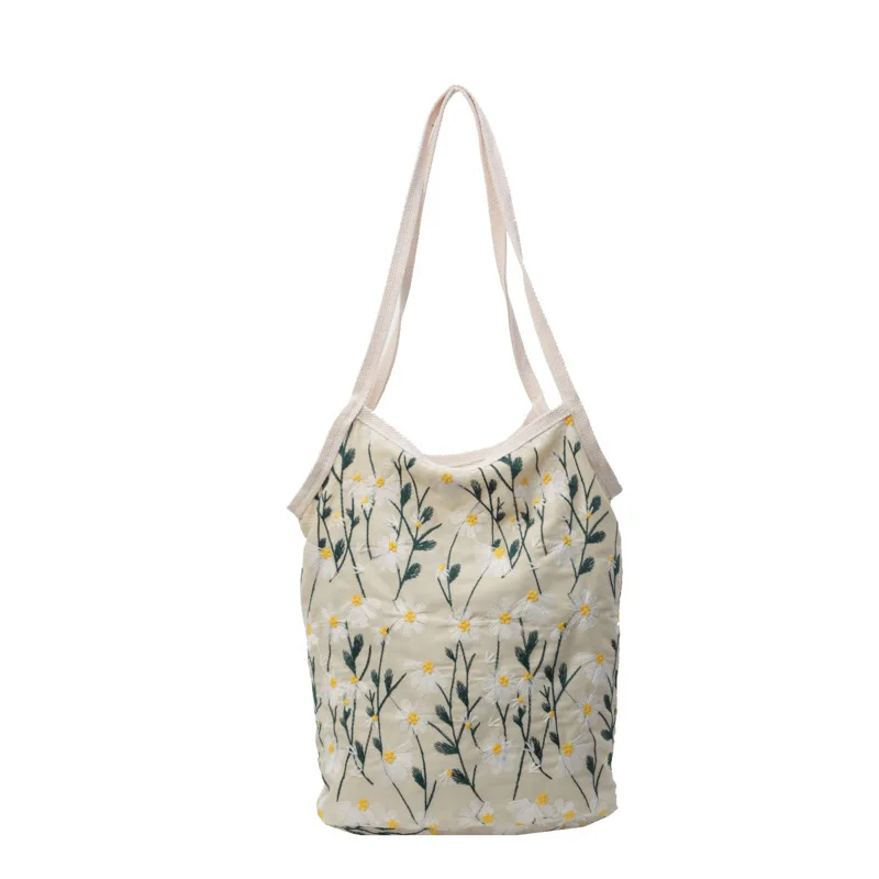 Daisy Embroidered Tote Bag Women Summer Large Capacity Cloth Bag Niche Embroidery Shoulder Bag Texture Bucket Bag Canvas Bag