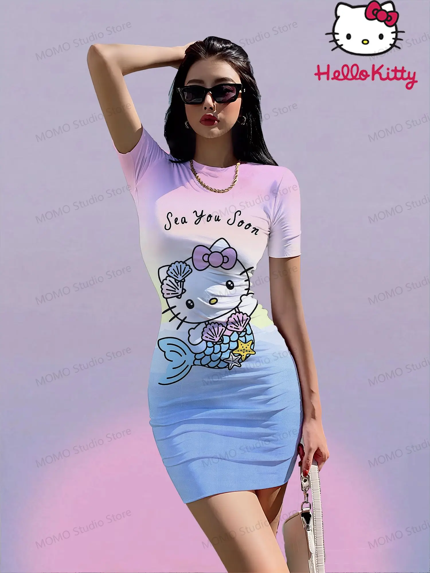 

Hello Kitty Kawaii Women's Short Sleeve Hip Dress Fashion Summer Dresses 2024 S-3XL Y2k O Neck Sanrio New Elegant Sexy Ladies