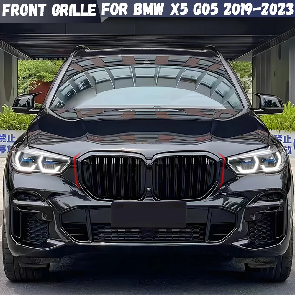 Glossy Black Front Bumper Grilles Double Line Kidney Racing Grill For BMW X5 G05 2019 2020 2021 2022 2023 Car Styling