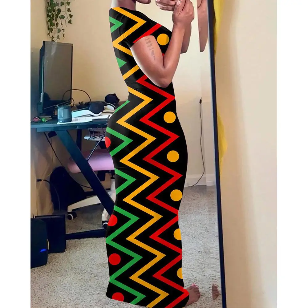 ชุดเดรสพิมพ์ลายสไตล์ชนเผ่าแอฟริกันย้อนยุค แฟชั่นทรงเข้ารูป กระโปรงยาวทรงเข้ารูป สวมใส่สบายๆ ในชีวิตประจำวัน ถ่ายรูปสตรีทแฟชั่น งานเทศกาล งานปาร์ตี้