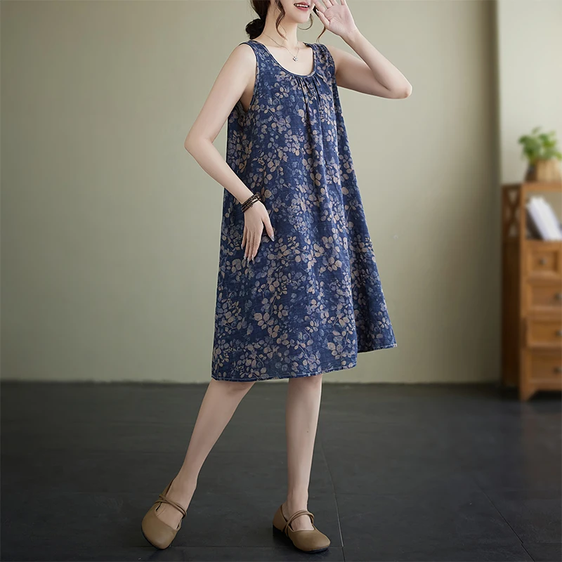 Gonna a trapezio con stampa estiva in cotone e lino sciolto Dr di media lunghezza Svel round Ne Abbigliamento taglie forti da donna