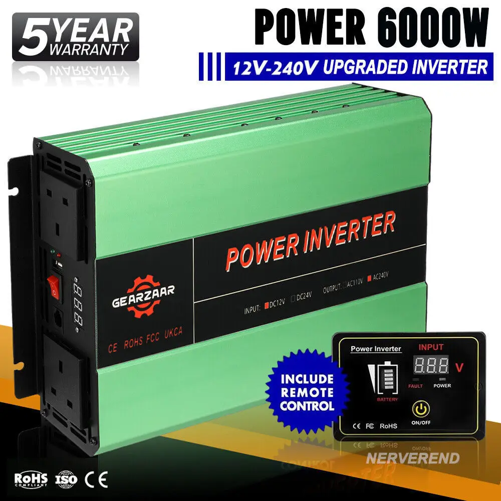 3000W Peak 6000W 12V to 240V PURE SINE WAVE POWER INVERTER CONVERTER LCD USB UK