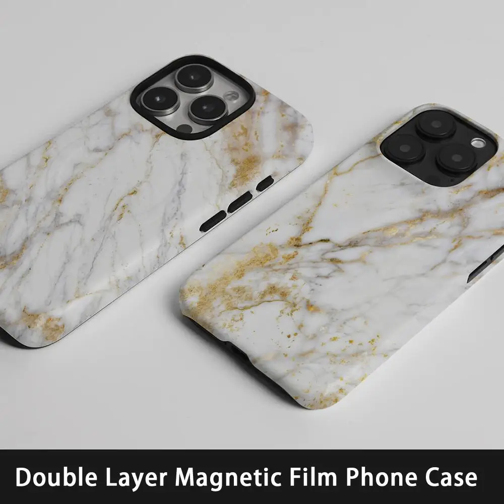 

White Marble Phone Case Korean INS For IPhone 16 15 14 13 12 11 Pro Max Plus Luxury Magnetic Double-layer Back Cover