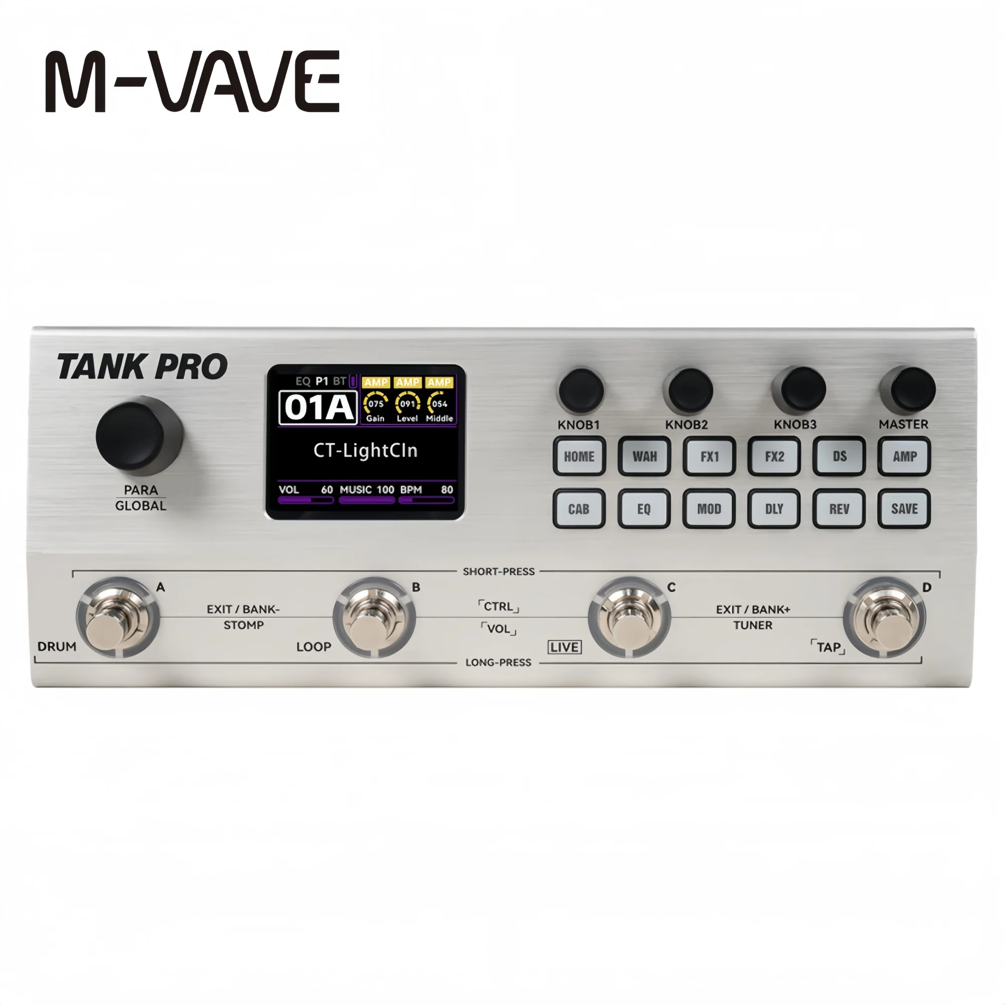 M-VAVE TANK PRO Digitales Multi-Effektgerät, 120 Presets, 90 Amp+90 Cab, 300+ FX, 150s Looper, 60 Drums, 10 Module, XLR für Musiker