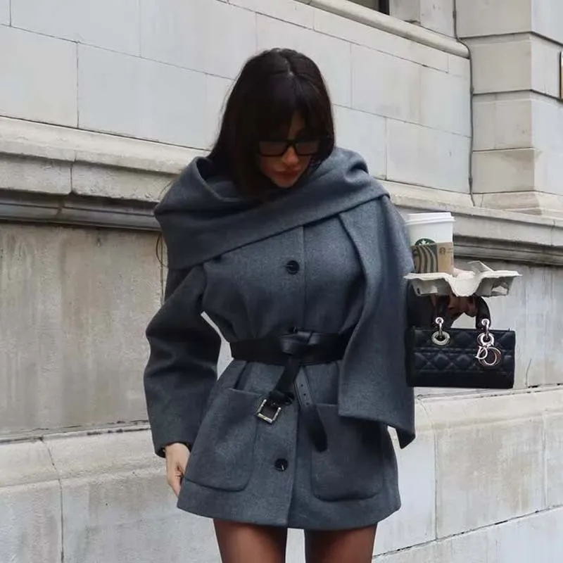 

YENKYE элегантный дизайн шарфа в британском стиле теплое шерстяное пальто женское однобортное с длинным рукавом осенне-зимняя верхняя одежда
