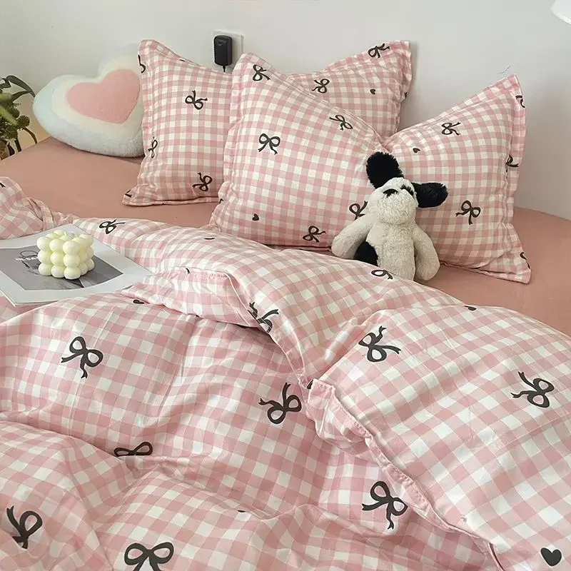 Pink Lattice Bedding Set Bowknot Duvet Cover No Filler Pillowcase Flat Sheet Kids Adult Single Double Size INS Bedspread