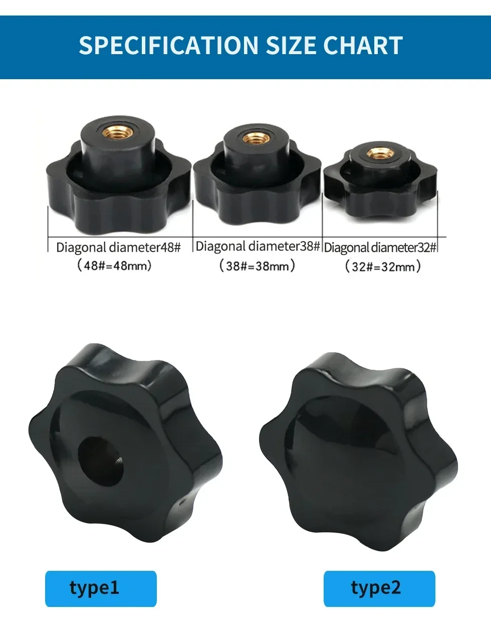 10pc Knob Nuts-Handle Thumb Mechanical Manual  Thread Star M4 M5 M6 M8 M10 Plum Hand Tighten  Clamping Black 25 32 38