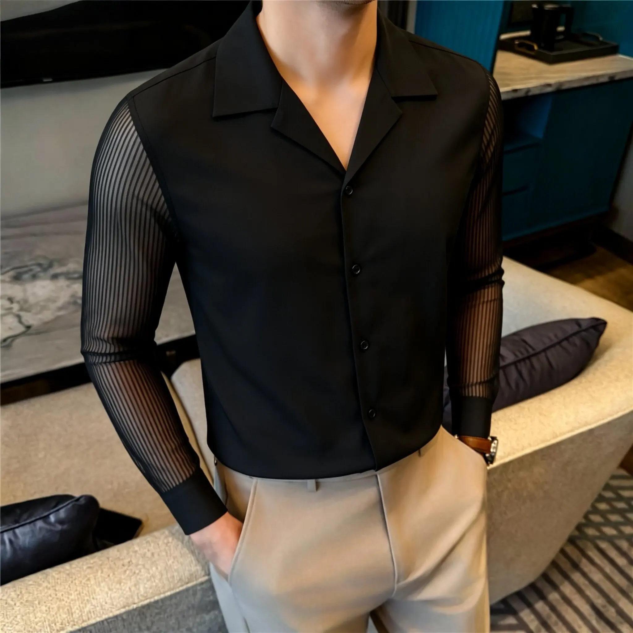 

Korean Lace Sleeve Splicing Shirt Men Suit Collar Long Sleeve Casual Shirts Slim Social Nightclub Party Stage Performance Shirt
