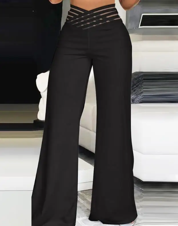 

Women's Mesh-Panel Wide-Leg Pants Black Silhouette and Crisscross Waist Detail Bold Cut-Out Accent